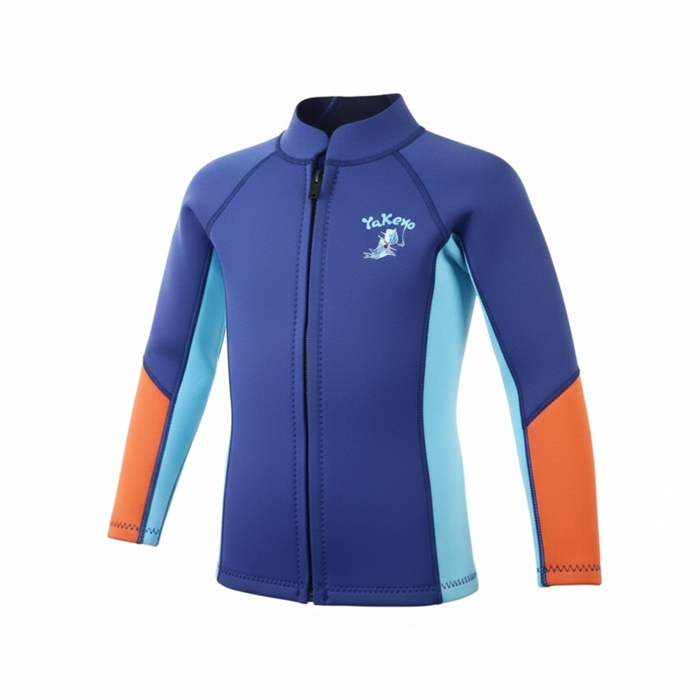 Kids' Navy Swim Rashguard Jacket with Light Blue Panels and Orange Cuffs
